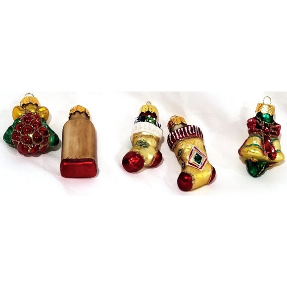 Set of 5 MINI GLASS CHRISTMAS ORNAMENTS clock stockings bells holly berry 1.75"h - Picture 3 of 16